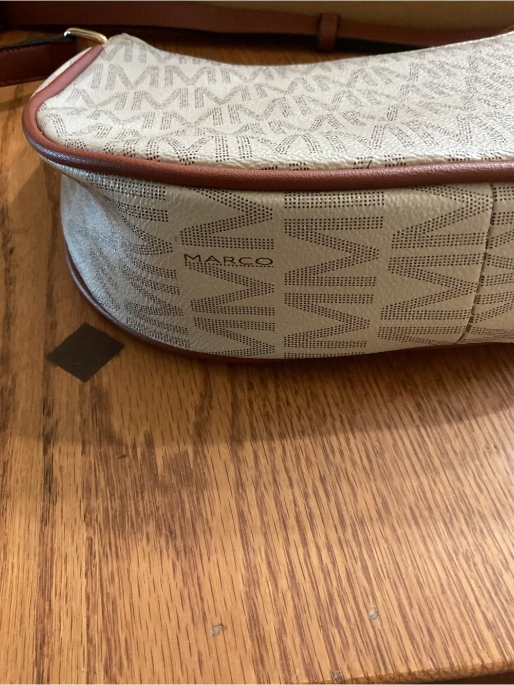 Monogram Crescent Shoulder Bag in Beige with Brown Trim